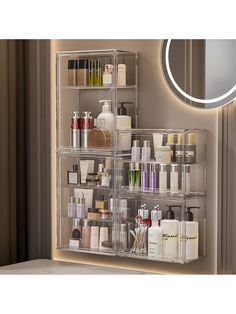 a bathroom shelf filled with lots of cosmetics and personal care items in front of a mirror