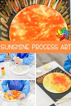 this is a collage of photos with the words sunshine process art written on it