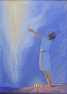 a painting of a woman standing in front of a light shining from the sky above her head