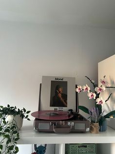 a record player sitting on top of a white shelf next to a potted plant