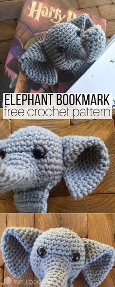 an elephant crocheted bookmark is shown in three different pictures