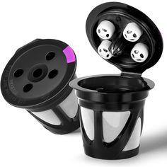 two black and white cups with skulls in them