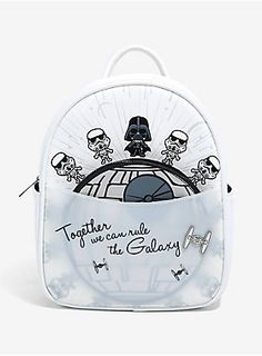 a white backpack with cartoon characters on the front and back pocket, featuring an image of darth vader