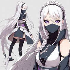 an anime character with long white hair and purple eyes wearing a black mask, standing in front of a gray background