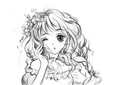 a drawing of a girl with long hair wearing a dress and holding her hand to her face