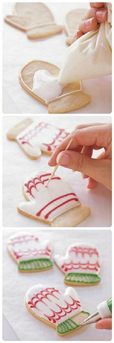 how to decorate christmas cookies with icing and piping on the top, then cut them in half