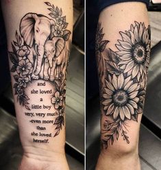 two tattoos with elephants and sunflowers on their arms, one has an elephant and the other has flowers