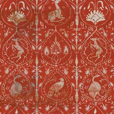 an intricately designed wallpaper with red and gold designs on it's sides