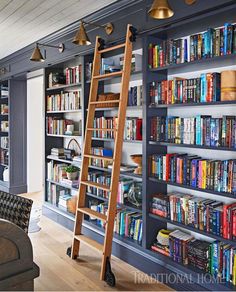 a living room filled with lots of books on shelves next to a couch and ladder