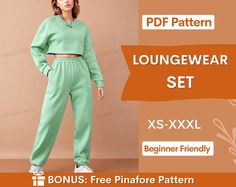 a woman wearing a green sweat suit and matching pants with the text, loungewear set xs - xxl beginner friendly