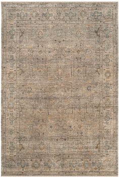 an antique rug with many different colors and patterns on the carpet, including beiges, browns