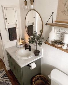 a bathroom with a sink, mirror and potted plant on the counter in front of it