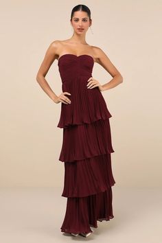 Shop Stylish 2024 Bridesmaid Dresses | Maid of Honor Dresses - Lulus Formal Dress Strapless, Plum Bridesmaid, Purple Bridesmaid, Purple Maxi, Purple Bridesmaid Dresses, Flirty Dresses, Adhesive Bra, Pleated Fabric, Tiered Maxi Dress