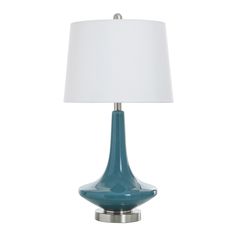 a blue table lamp with a white shade on the base and a silver metal base