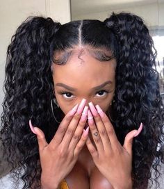 Beautiful girl with lovely water wave hair and pretty nails #fashion #curlyhair #hairstyle #waterwavehair Water Wave Lace Front Wig, Curly Lace Frontal, Wave Lace Front Wig, Natural Hair Wigs, Ponytail Styles, Lace Hair, Human Hair Wig, Brazilian Human Hair, Lace Frontal Wig