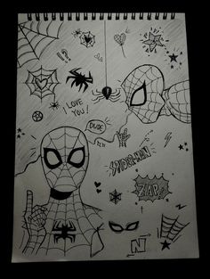 a drawing of spider - man and his webman faces with the words i love you written on them