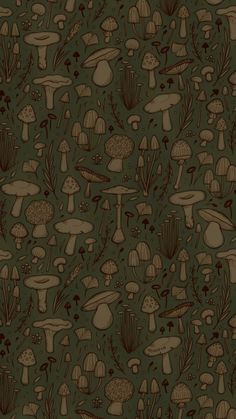 a green background with mushrooms and plants on it