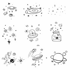 the outer planets and stars are drawn in black ink on white paper, with space shuttles