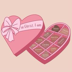 two pink heart shaped boxes with chocolates in them and the words on christ i am