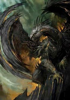 an artistic painting of a black dragon with yellow and green colors on its wings, standing in front of a stormy sky