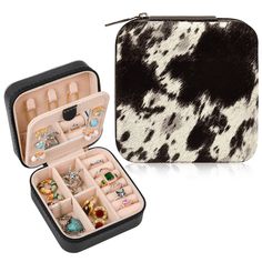 PRICES MAY VARY. 【Ideal Western Cow Gift】: This set is a unique gift with a Western theme, featuring a jewelry box adorned with genuine leather in Western style print on the top. Suitable for various women and girls, these pieces are perfect choices for any occasion, whether it's for friends, family, or colleagues. They are unique Western stuff that reflect Western country style. 【Beautiful Western Design】: This western travel jewelry box is made to keep your jewelry safe in a compact and lovely Western Bridesmaid Proposal, Western Jewelry Box, Cow Print Stuff, Western Travel, Cowgirl Stuff, Western Gifts, Country Jewelry, Western Stuff, Travel Jewelry Organizer