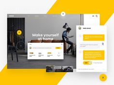 an image of a website design with yellow and white colors, including the home page