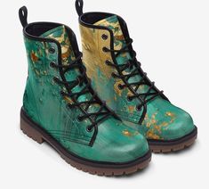 Green vegan leather boots, green and gold boots, festival boots, custom made boots, made to order boots, green lace up boots, canvas boots Rubber sole Faux Leather Padded collar for added comfort Lace-up front Wide Fit Festival Boots, Character Clothing, Gold Boots, Vegan Leather Boots, Green Boots, Canvas Boots, Green Lace, Fashion Aesthetic, Lace Up Boots