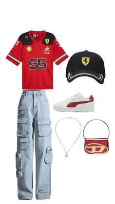 F1 Clothes, Wag Outfits, Casual Teen Fashion, F1 Merch, Red Ferrari, Trip Outfits, Casual Style Outfits