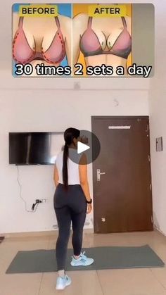 a woman standing in front of a tv with the words 30 times 2 sets a day