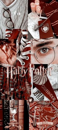 a collage of harry potter images with glasses and other things in the background that are red