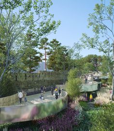 an artist's rendering of people walking on a bridge surrounded by flowers and trees