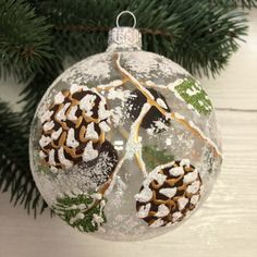 a glass ornament with pine cones and snow on it