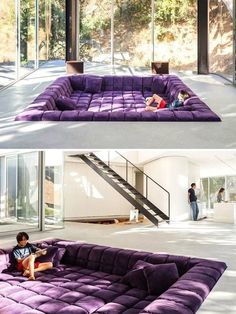 two photos of people sitting on purple couches in the middle of an open room