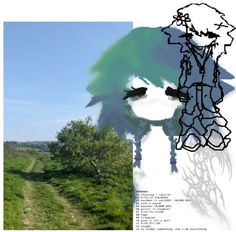 an image of a person walking down a path in the grass with trees on either side