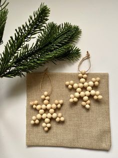 two wooden beads are hanging on a piece of burlock next to a pine tree