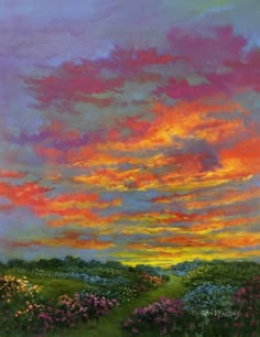 an oil painting of a colorful sunset over a green field with wildflowers in the foreground