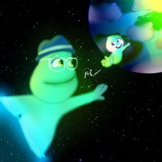 a cartoon character with glasses and a hat in front of a planet