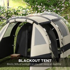 an outdoor tent with the words blackout tent on it's front and back sides