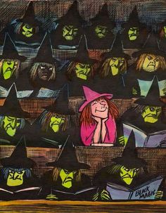 an image of a woman in a witches costume surrounded by other women and men wearing hats