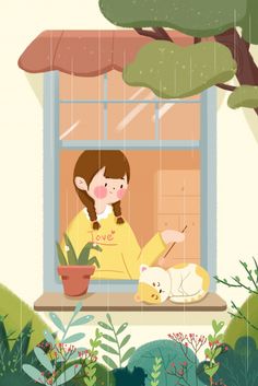 a woman sitting on a window sill next to a potted plant and cat