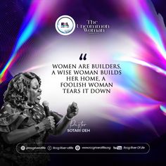 a woman standing in front of a purple background with the words women are builder, a wise woman build her home, a foolish woman tears it down