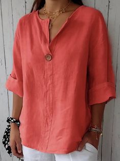 Three Quarter Sleeve Blouses, Frill Sleeves, Shirts For Women, V Neck Blouse, Red Blouses, Outfit Casual, Casual Blouse, Sweater Coats, Quarter Sleeve