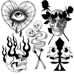 skulls and flowers with eyes on them are drawn in black ink, while the skull has been