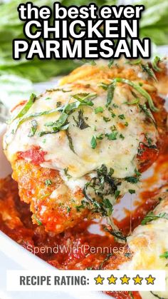 chicken with cheese and basil Chicken Parmesan Recipe Easy, Chicken Parmesan Recipe, Easy Chicken Parmesan, Spend With Pennies, Parmesan Recipes, Baked Chicken Parmesan