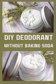 two jars filled with homemade diy deodorant sitting on top of a wooden table