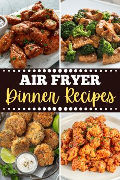 air fryer dinner recipes with broccoli, chicken and other foods on plates