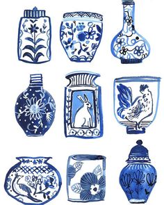 nine blue and white vases are shown in this drawing, each with different designs on them