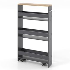 a book shelf with wheels and a wooden top