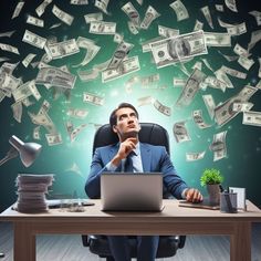 a man sitting at a desk with money falling from the sky