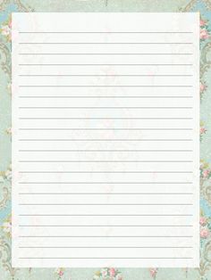 a lined paper with flowers and scrolls on the border, in pastel blue tones